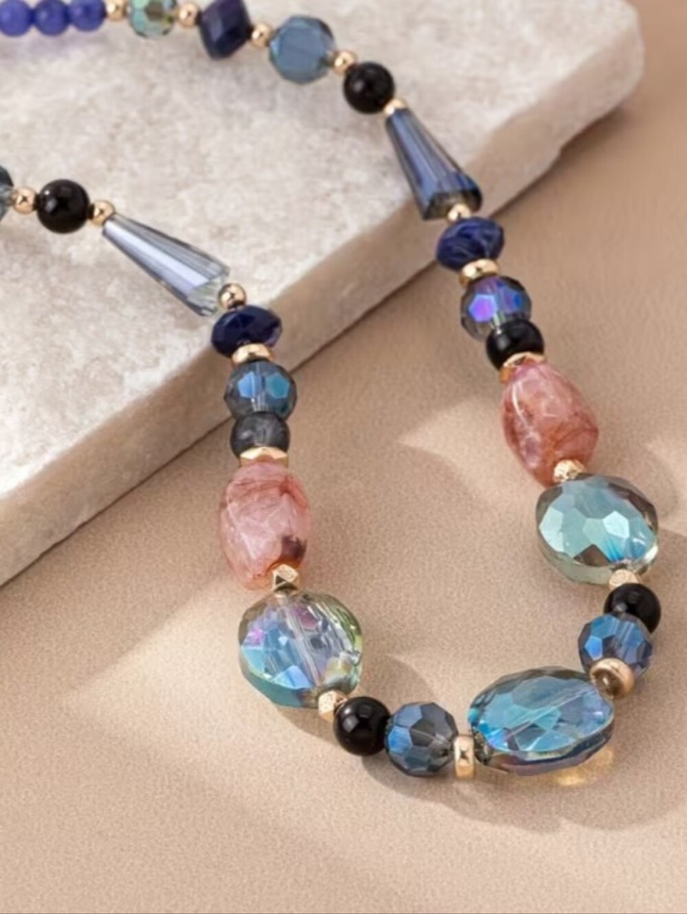 Faceted Blue & Pink Glass Bead Statement Necklace